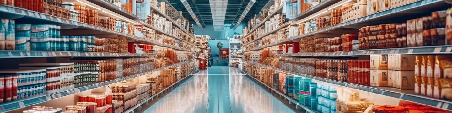Supermarket heaven, Discover the diverse assortment of products in the long and bright aisle, Generative AI